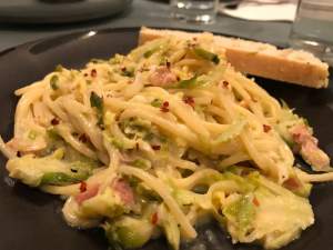 carbonara with brussels sprouts